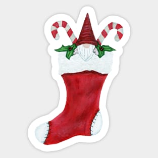 Gnome in Christmas Stocking With Candy Canes Holly Leaves Sticker